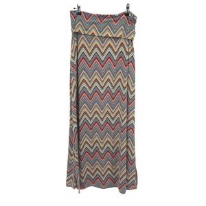 Boho Chevron Maxi Skirt M Stretch Fold Over Waist Multicolor Festival Y2K Retro